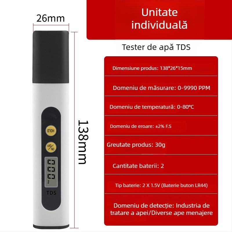 Pen de testare TDS pentru apă de la robinet – detector portabil de calitate a apei (0–9990 ppm, 3V)