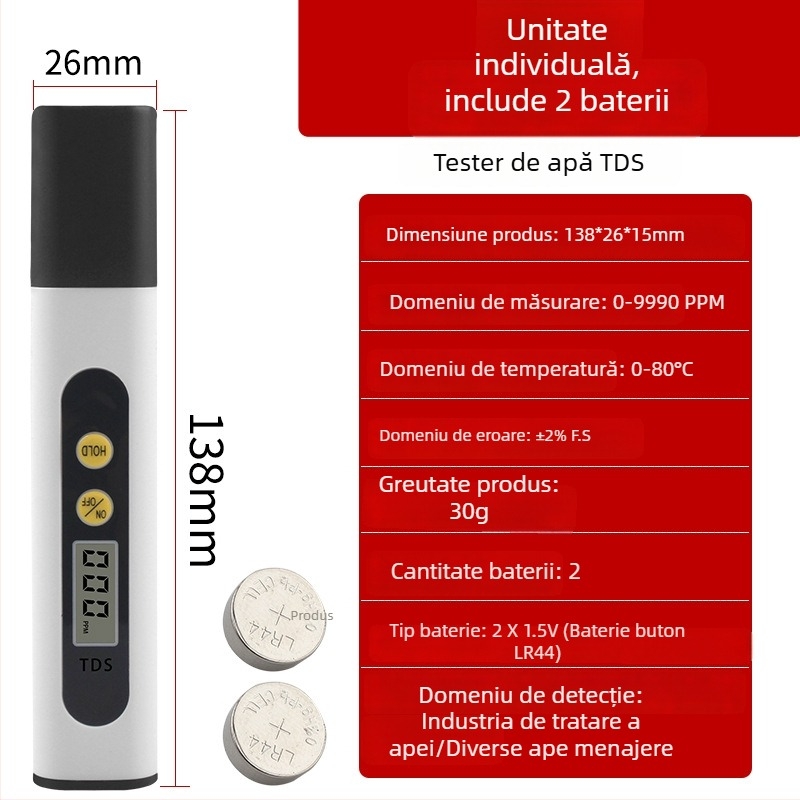 Pen de testare TDS pentru apă de la robinet – detector portabil de calitate a apei (0–9990 ppm, 3V)