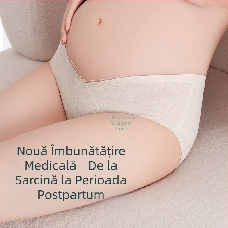Chiloți maternitate cu talie joasă din bumbac 100%, antibacteriali, susținere a burții în formă de V - două în unu pentru sarcină și postpartum