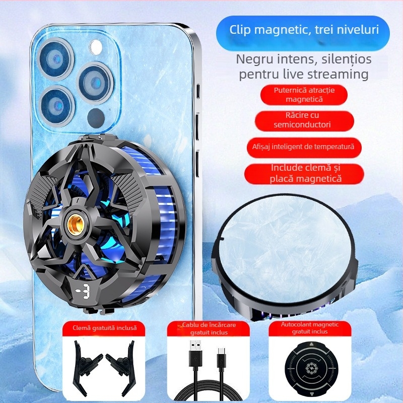 Răcitor magnetic pentru telefon, cu zgomot redus, răcire pe bază de semiconductori, afișaj digital, reglaje ajustabile, prindere pe spate pentru streaming live