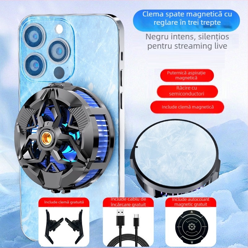 Răcitor magnetic pentru telefon, cu zgomot redus, răcire pe bază de semiconductori, afișaj digital, reglaje ajustabile, prindere pe spate pentru streaming live
