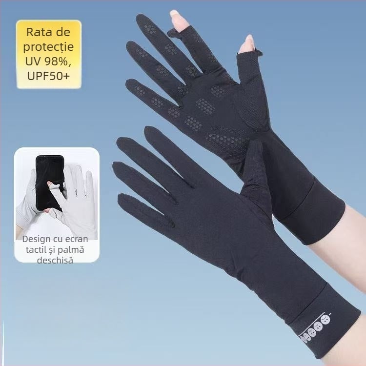 Mănuși de protecție solară de vară pentru femei, subțiri, cu degete parțial expuse, din ice silk, anti-derapare, pentru condus și sport