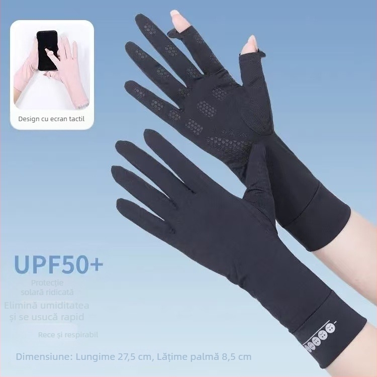 Mănuși de protecție solară de vară pentru femei, subțiri, cu degete parțial expuse, din ice silk, anti-derapare, pentru condus și sport