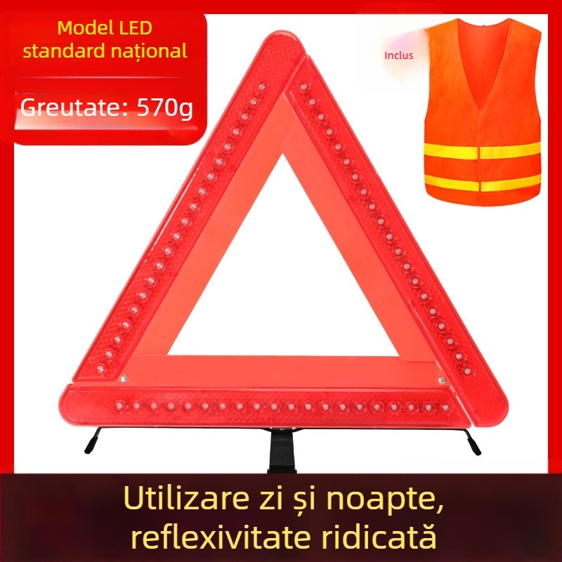 Triunghi de avertizare auto cu suport reflector, stingător de incendiu pliabil și iluminare nocturnă – trusă de siguranță auto