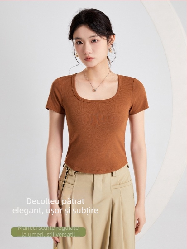 Tricou damă pentru primăvară-vară, cupe încorporate la bust, croială slim, confortabil, top casual.