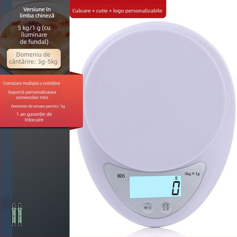 B05 Cântar de bucătărie digital, capacitate 5 kg, precizie 1 g – cântar mic pentru gramaje, pentru coacere