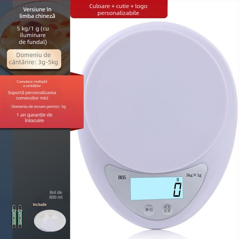 B05 Cântar de bucătărie digital, capacitate 5 kg, precizie 1 g – cântar mic pentru gramaje, pentru coacere