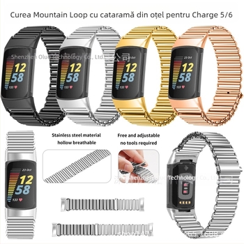 Brățară metalică din oțel pentru Fitbit Charge 5 și Charge 6, cu cataramă Mountain Loop Slingshot, 18 mm