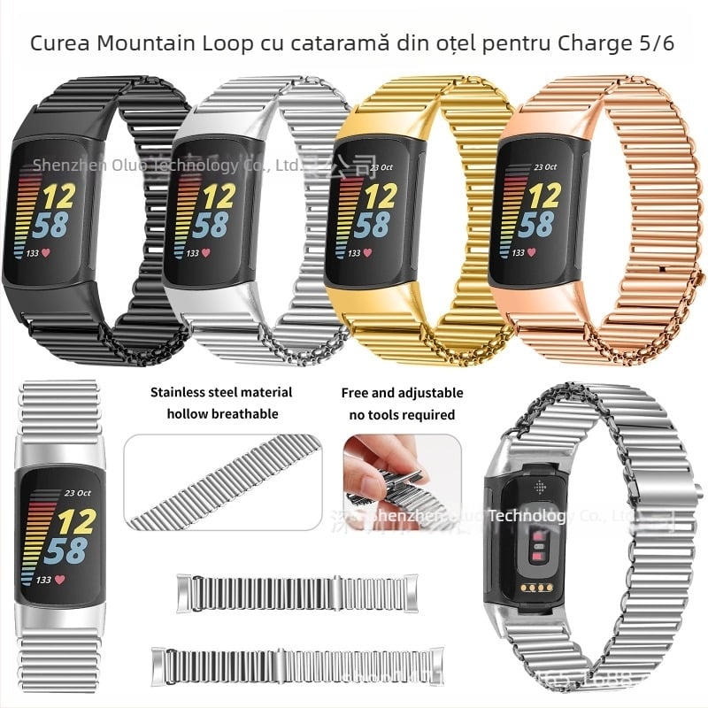 Brățară metalică din oțel pentru Fitbit Charge 5 și Charge 6, cu cataramă Mountain Loop Slingshot, 18 mm