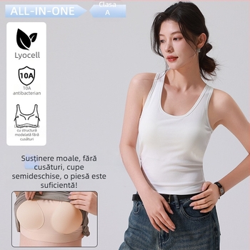 Top camisole din amestec bumbac-tencel, atingere moale, spate racerback, cupă half-Cup integrată, croială slim, pentru stratificare sau purtat ca atare