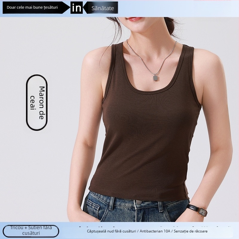 Top camisole din amestec bumbac-tencel, atingere moale, spate racerback, cupă half-Cup integrată, croială slim, pentru stratificare sau purtat ca atare