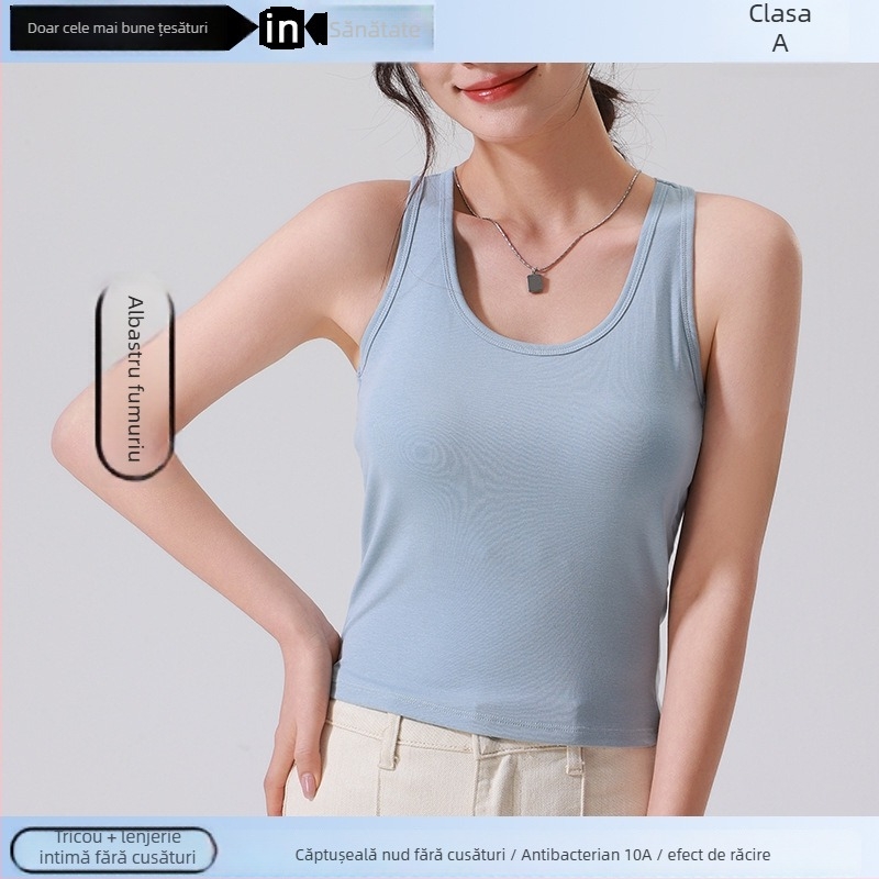 Top camisole din amestec bumbac-tencel, atingere moale, spate racerback, cupă half-Cup integrată, croială slim, pentru stratificare sau purtat ca atare
