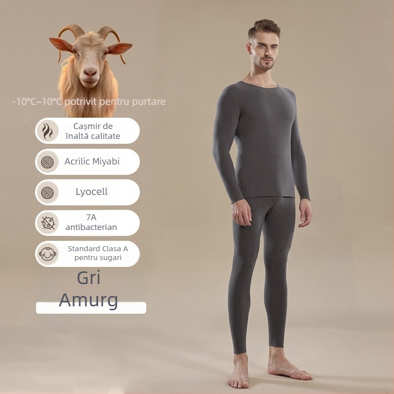 Set termic masculin pentru toamnă-iarnă, din amestec lână-mătase, antibacterian 7A, fără cusături, top cu mânecă lungă și pantaloni