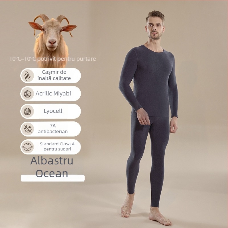 Set termic masculin pentru toamnă-iarnă, din amestec lână-mătase, antibacterian 7A, fără cusături, top cu mânecă lungă și pantaloni
