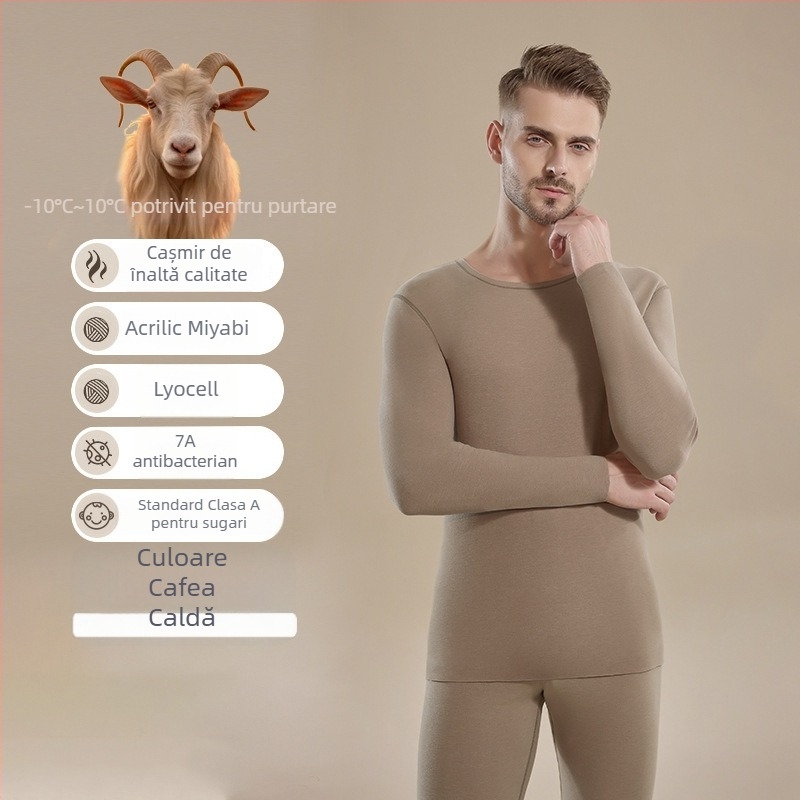 Set termic masculin pentru toamnă-iarnă, din amestec lână-mătase, antibacterian 7A, fără cusături, top cu mânecă lungă și pantaloni