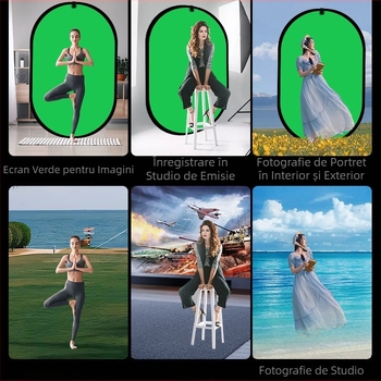 Panou de fundal pliabil dublu fațetat cu țesătură verde pentru fotografii portret și filmări; față dublă cu ecran verde și fundal albastru; dimensiune 50 cm, extensie 100×150 cm; material poliester-bumbac.