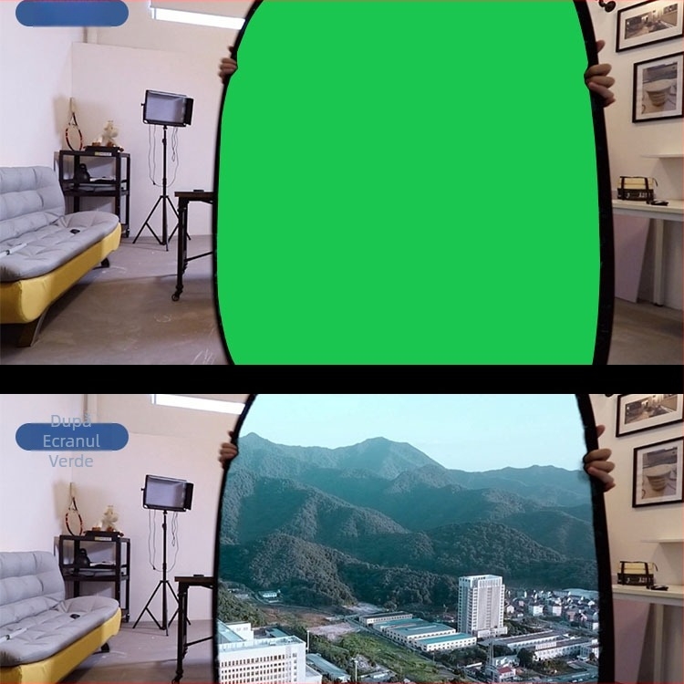 Panou de fundal pliabil dublu fațetat cu țesătură verde pentru fotografii portret și filmări; față dublă cu ecran verde și fundal albastru; dimensiune 50 cm, extensie 100×150 cm; material poliester-bumbac.