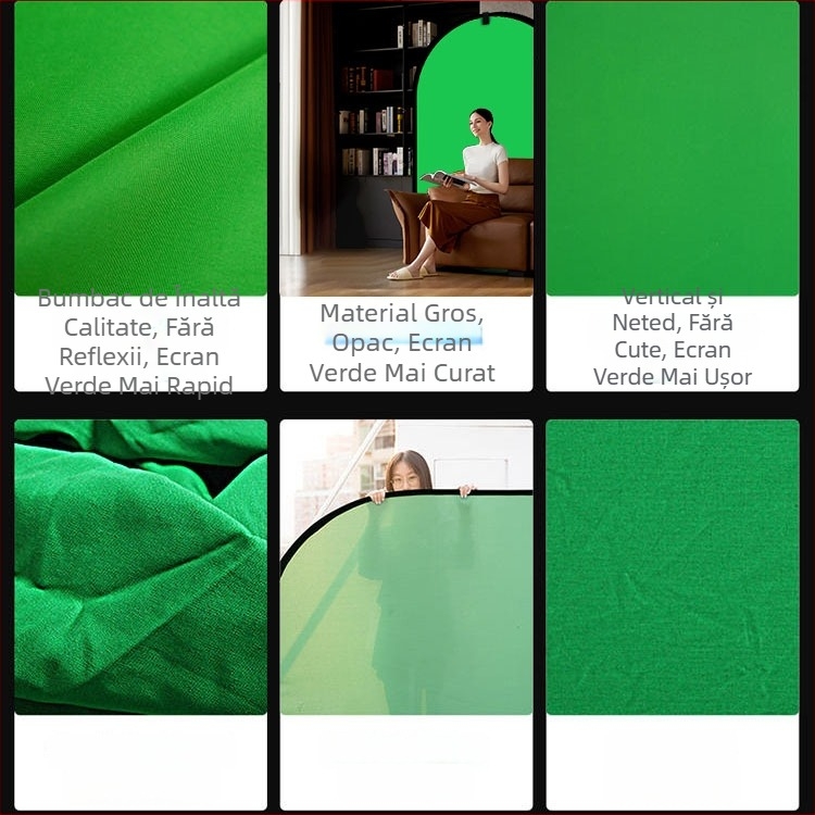 Panou de fundal pliabil dublu fațetat cu țesătură verde pentru fotografii portret și filmări; față dublă cu ecran verde și fundal albastru; dimensiune 50 cm, extensie 100×150 cm; material poliester-bumbac.