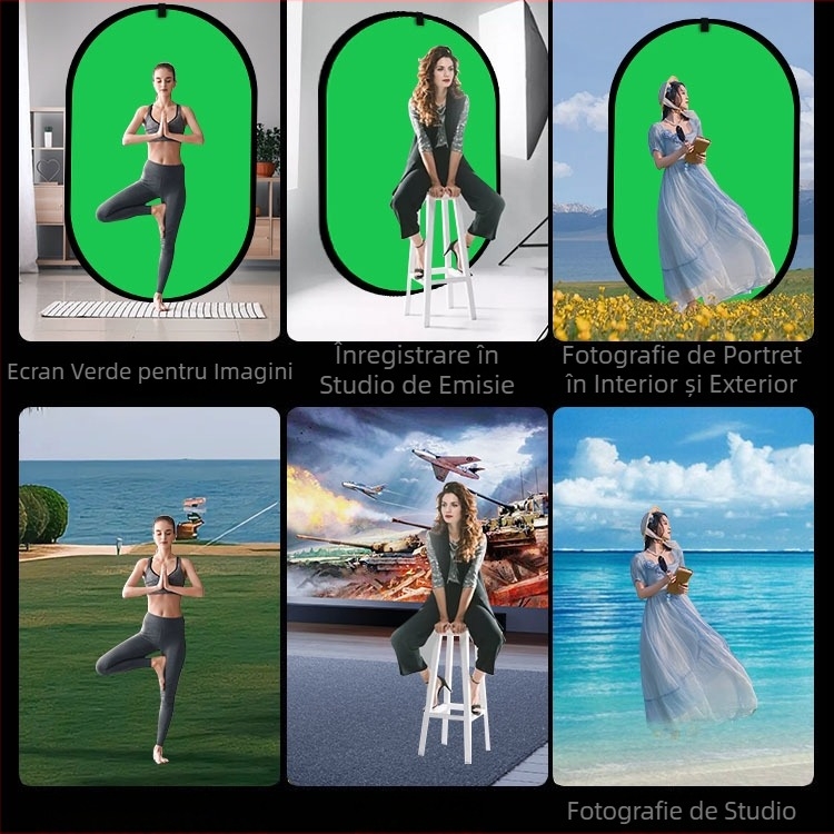Panou de fundal pliabil dublu fațetat cu țesătură verde pentru fotografii portret și filmări; față dublă cu ecran verde și fundal albastru; dimensiune 50 cm, extensie 100×150 cm; material poliester-bumbac.