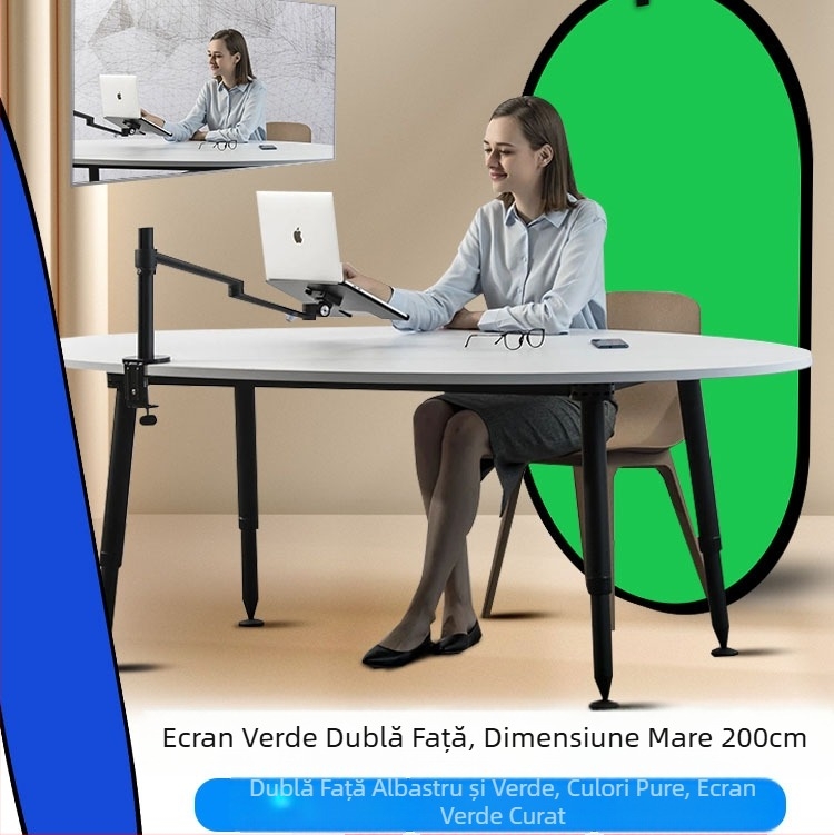 Panou de fundal pliabil dublu fațetat cu țesătură verde pentru fotografii portret și filmări; față dublă cu ecran verde și fundal albastru; dimensiune 50 cm, extensie 100×150 cm; material poliester-bumbac.