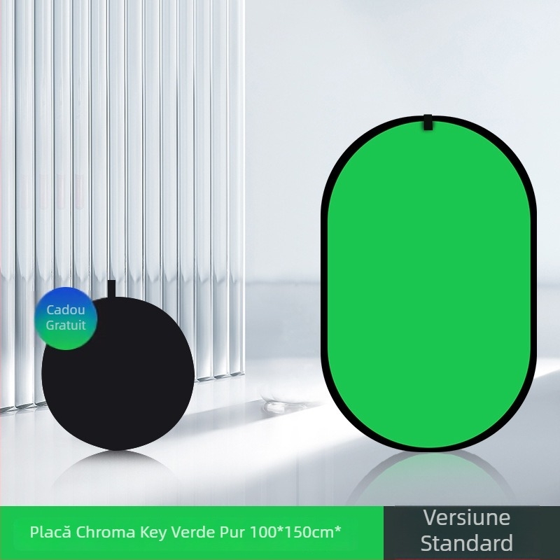 Panou de fundal pliabil dublu fațetat cu țesătură verde pentru fotografii portret și filmări; față dublă cu ecran verde și fundal albastru; dimensiune 50 cm, extensie 100×150 cm; material poliester-bumbac.