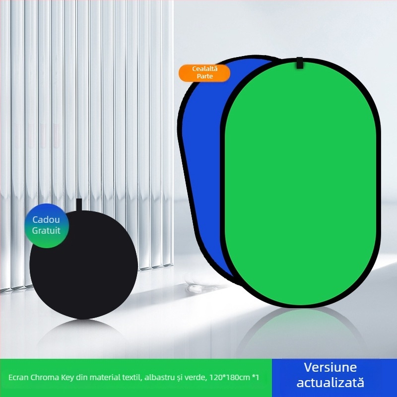 Panou de fundal pliabil dublu fațetat cu țesătură verde pentru fotografii portret și filmări; față dublă cu ecran verde și fundal albastru; dimensiune 50 cm, extensie 100×150 cm; material poliester-bumbac.