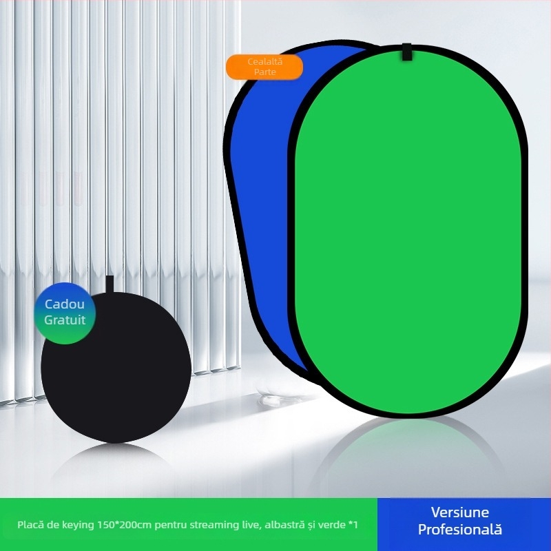 Panou de fundal pliabil dublu fațetat cu țesătură verde pentru fotografii portret și filmări; față dublă cu ecran verde și fundal albastru; dimensiune 50 cm, extensie 100×150 cm; material poliester-bumbac.