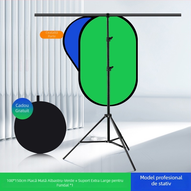 Panou de fundal pliabil dublu fațetat cu țesătură verde pentru fotografii portret și filmări; față dublă cu ecran verde și fundal albastru; dimensiune 50 cm, extensie 100×150 cm; material poliester-bumbac.