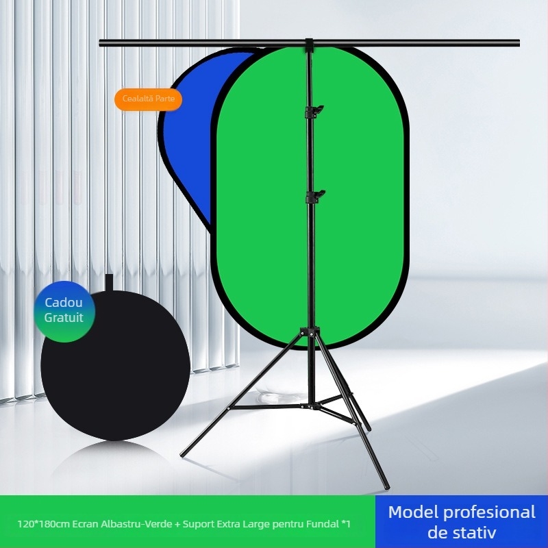 Panou de fundal pliabil dublu fațetat cu țesătură verde pentru fotografii portret și filmări; față dublă cu ecran verde și fundal albastru; dimensiune 50 cm, extensie 100×150 cm; material poliester-bumbac.
