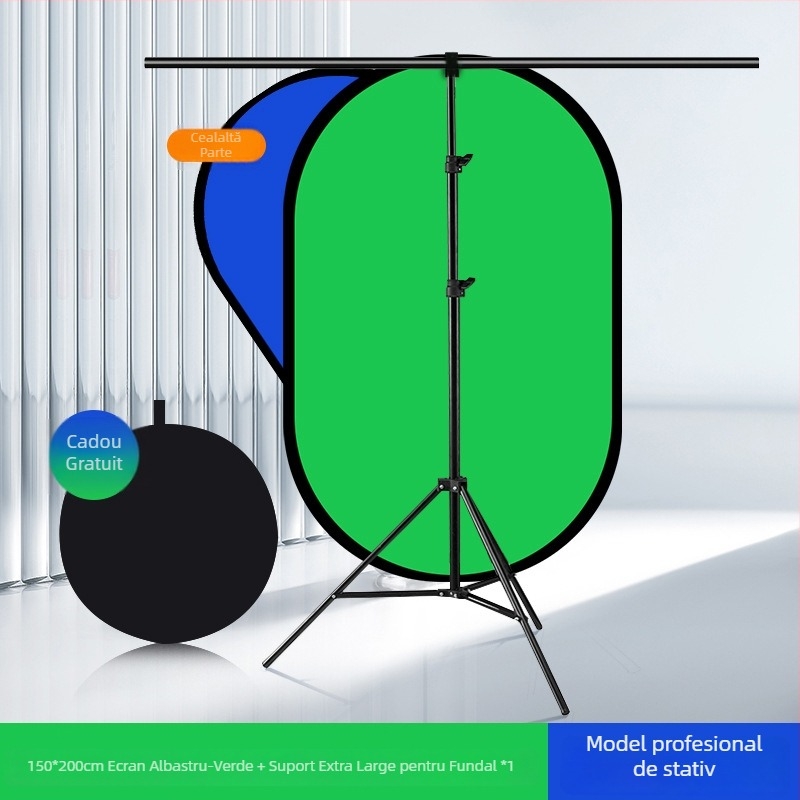 Panou de fundal pliabil dublu fațetat cu țesătură verde pentru fotografii portret și filmări; față dublă cu ecran verde și fundal albastru; dimensiune 50 cm, extensie 100×150 cm; material poliester-bumbac.