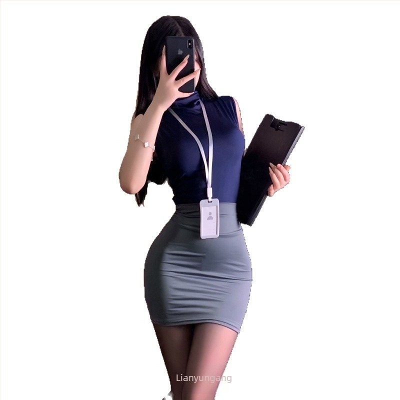 Set de lenjerie senzuală cu fustă în stil secretară, inspirat de uniformă pentru jocuri de rol