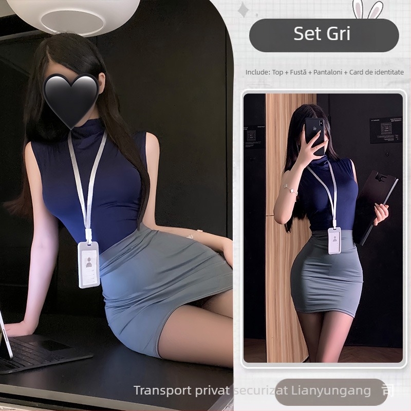 Set de lenjerie senzuală cu fustă în stil secretară, inspirat de uniformă pentru jocuri de rol