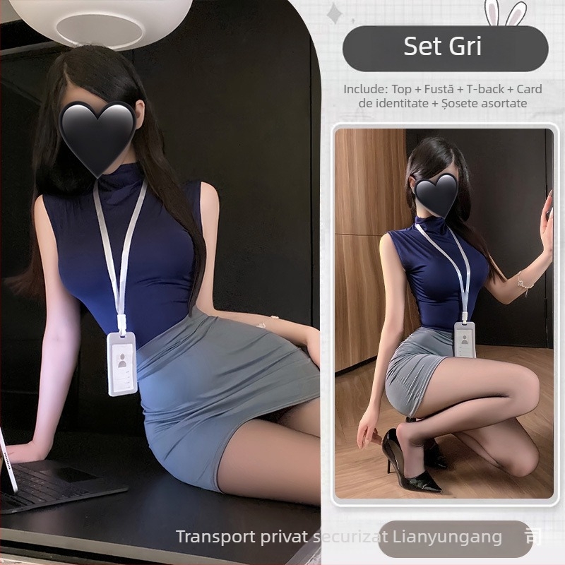 Set de lenjerie senzuală cu fustă în stil secretară, inspirat de uniformă pentru jocuri de rol