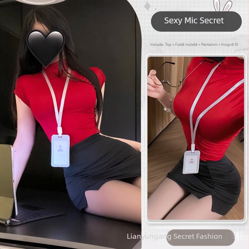 Set de lenjerie senzuală cu fustă în stil secretară, inspirat de uniformă pentru jocuri de rol
