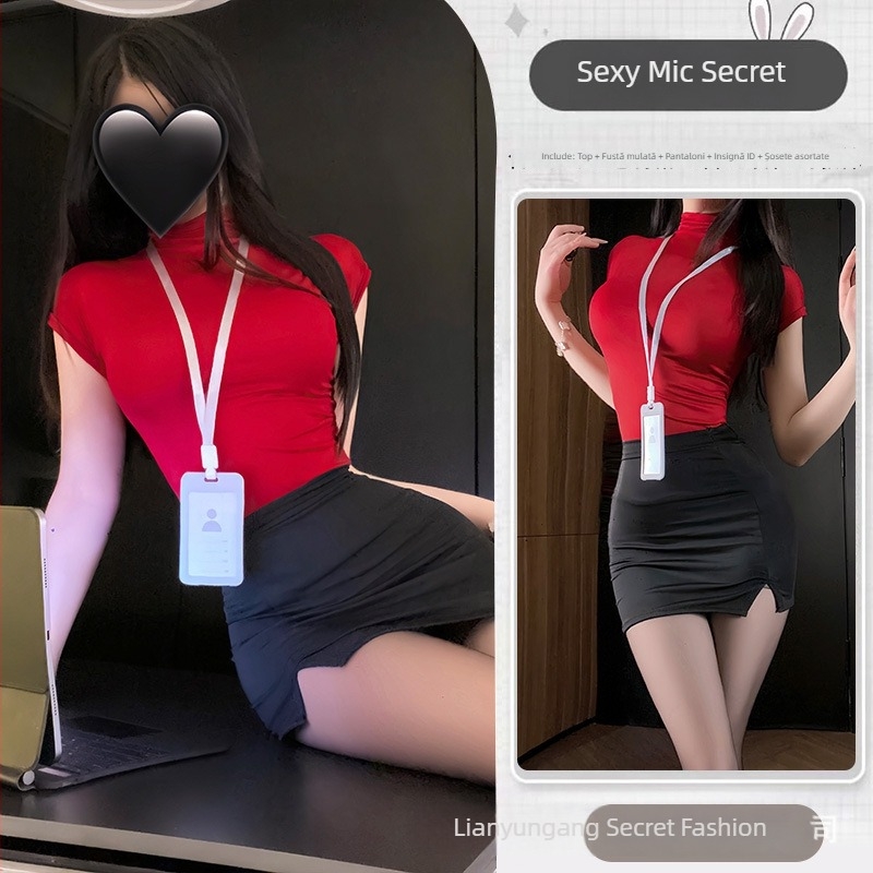 Set de lenjerie senzuală cu fustă în stil secretară, inspirat de uniformă pentru jocuri de rol