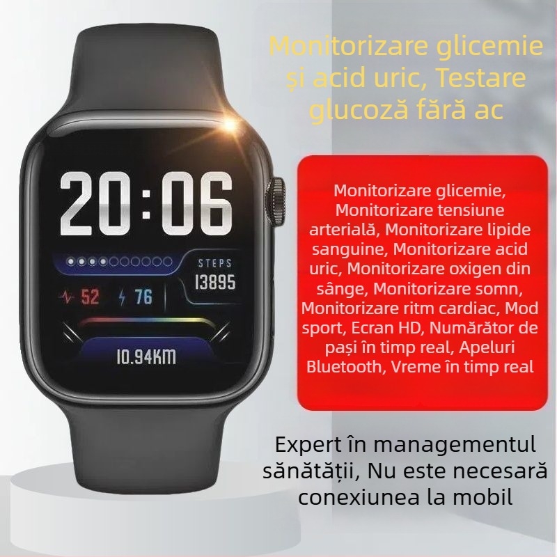 Ceas inteligent de înaltă precizie pentru monitorizarea fără durere a glicemiei, tensiunii arteriale, ritmului cardiac, lipidelor și acidului uric
