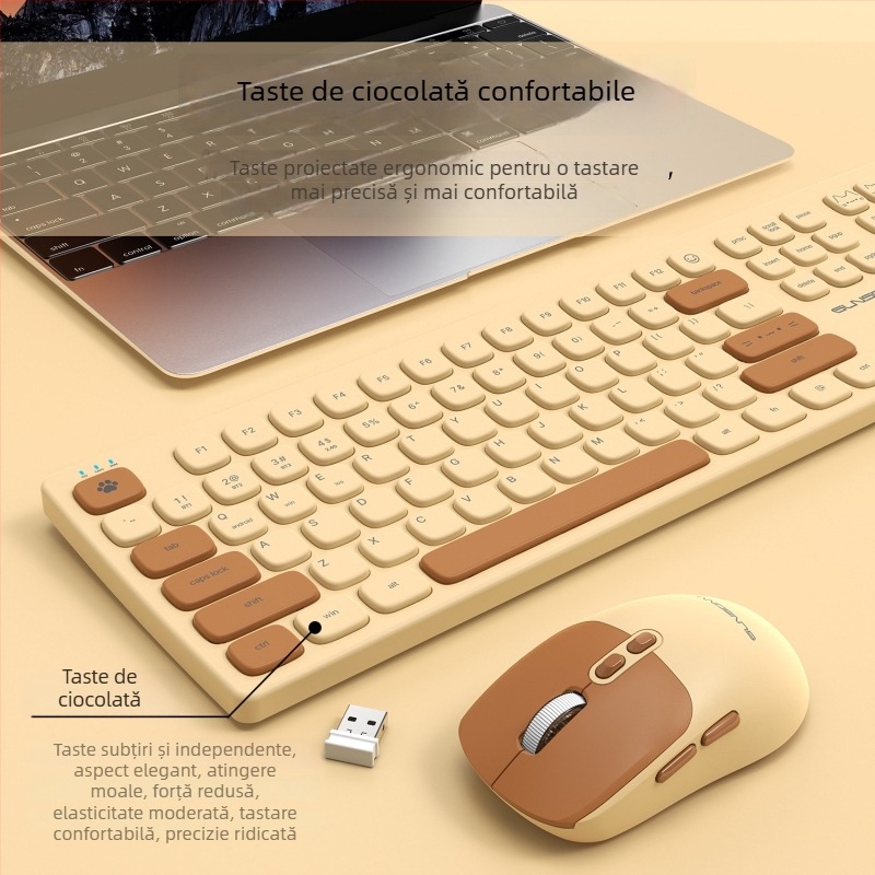 S-R5000 Set fără fir tastatură și mouse, dual-mode, taste în culoare ciocolată, pentru birou acasă