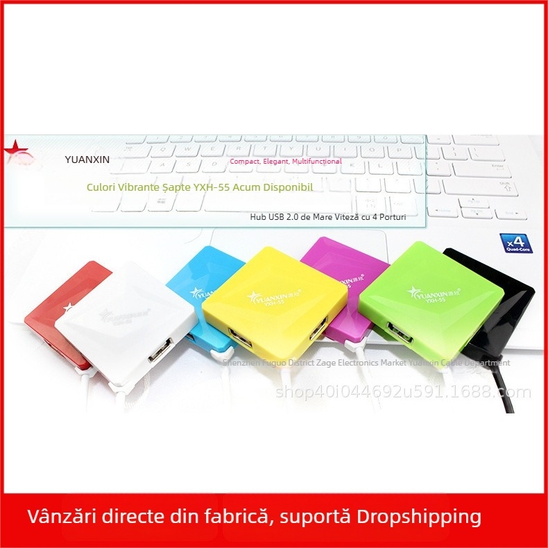 Yuanxin hub USB extins de 4 porturi, 1,2 m, USB 3.0, model YXH-55, hub USB cu design pătrat