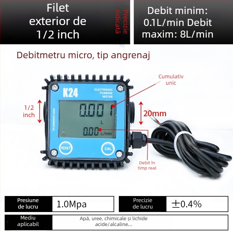 K24 fluxmetru micro pentru motorină, benzină, metanol și apă, cu contor electronic de apă și afișaj digital