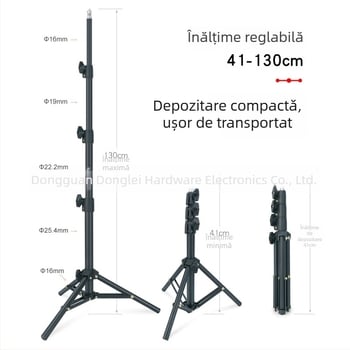 Tripod foto de 1,3 m, cu finisaj mat, suport pentru telefon pentru selfie și braț cu termometru automat, diametrul țevii 25,4 mm