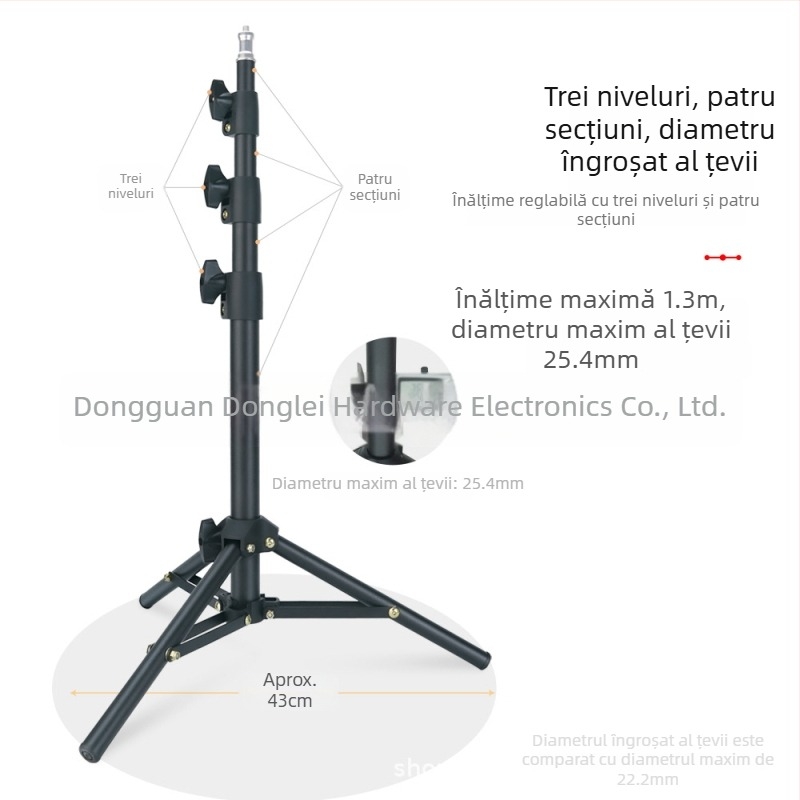 Tripod foto de 1,3 m, cu finisaj mat, suport pentru telefon pentru selfie și braț cu termometru automat, diametrul țevii 25,4 mm
