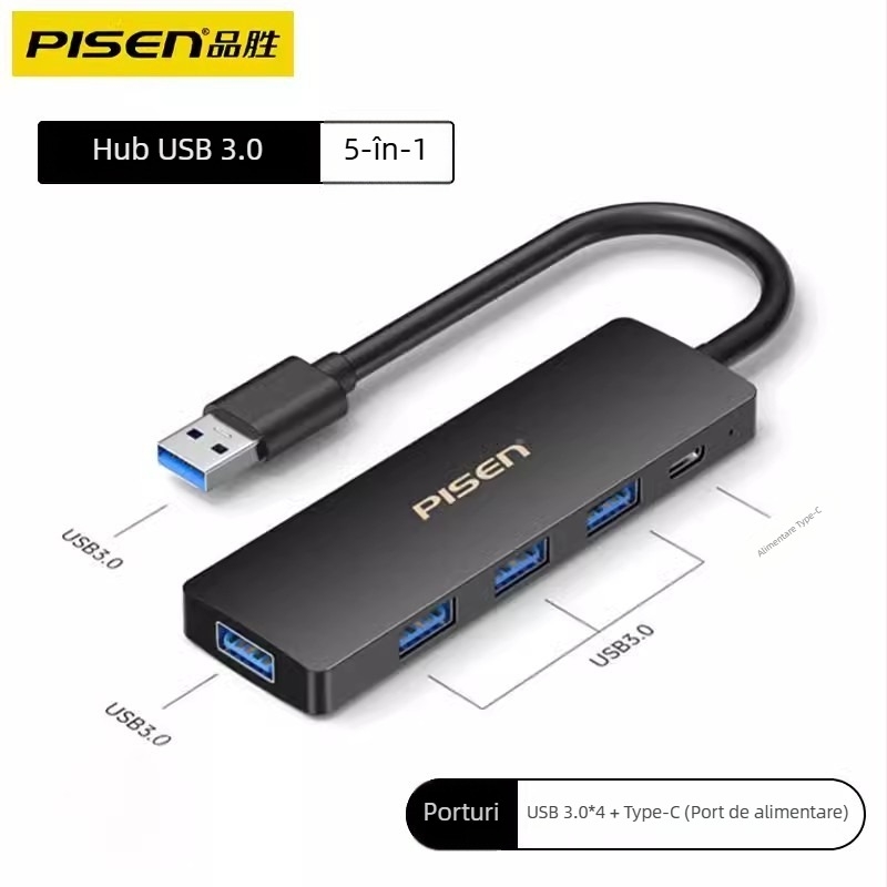 Pisen USB 3.0 hub cu 4 porturi alimentat extern pentru laptop, adaptor pentru USB flash și HDD
