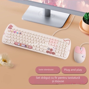 Set tastatură și mouse cablat, în culoare Milk Tea, mouse Kitty silențios, design atrăgător