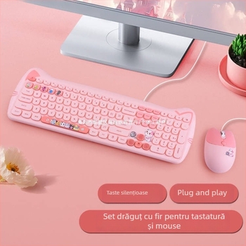 Set tastatură și mouse cablat, în culoare Milk Tea, mouse Kitty silențios, design atrăgător
