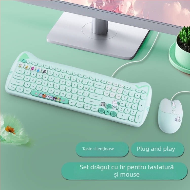 Set tastatură și mouse cablat, în culoare Milk Tea, mouse Kitty silențios, design atrăgător