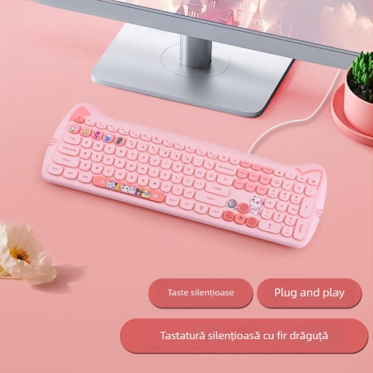 Set tastatură și mouse cablat, în culoare Milk Tea, mouse Kitty silențios, design atrăgător