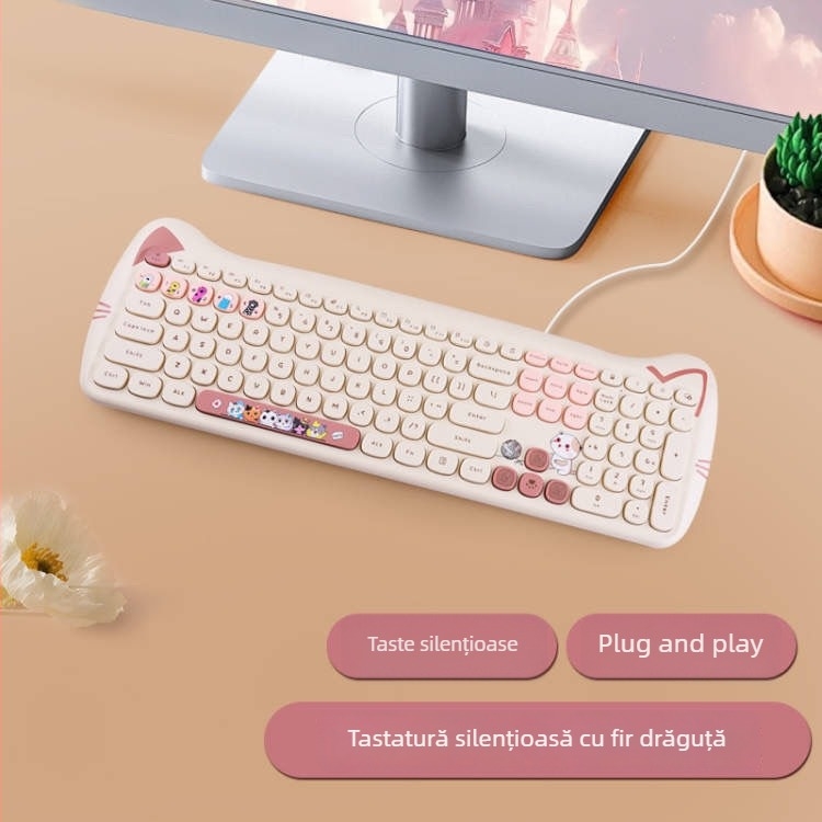 Set tastatură și mouse cablat, în culoare Milk Tea, mouse Kitty silențios, design atrăgător