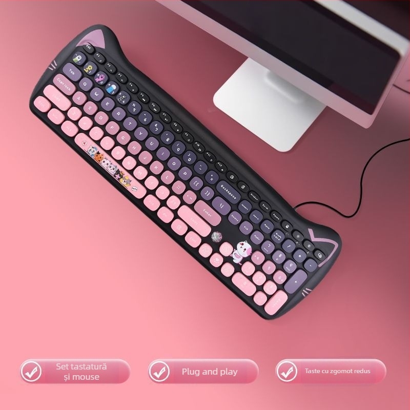 Set tastatură și mouse cablat, în culoare Milk Tea, mouse Kitty silențios, design atrăgător