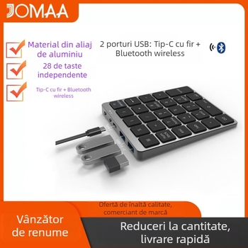 Tastatură numerică din aliaj de aluminiu, 28 taste, conectivitate duală wireless și prin cablu, încărcare prin HUB, dispozitiv pentru introducerea parolelor financiare