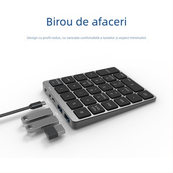 Tastatură numerică din aliaj de aluminiu, 28 taste, conectivitate duală wireless și prin cablu, încărcare prin HUB, dispozitiv pentru introducerea parolelor financiare